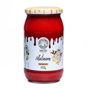 MIÓD WIELOKWIATOWY MALINOWY PRAWDZIWY ŚWIEŻY Z PASIEKI Z MALINAMI 1150g