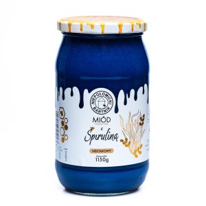 (Polski) MIÓD ZE SPIRULINĄ 1150g POLSKI PRAWDZIWY PASIEKA PORĘBSKI NATURALNY ŚWIEŻY